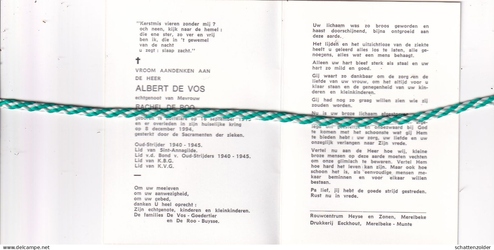 Albert De Vos-De Roo, Bottalare 1915, 1994. Oud-strijder 40-45. Foto - Décès