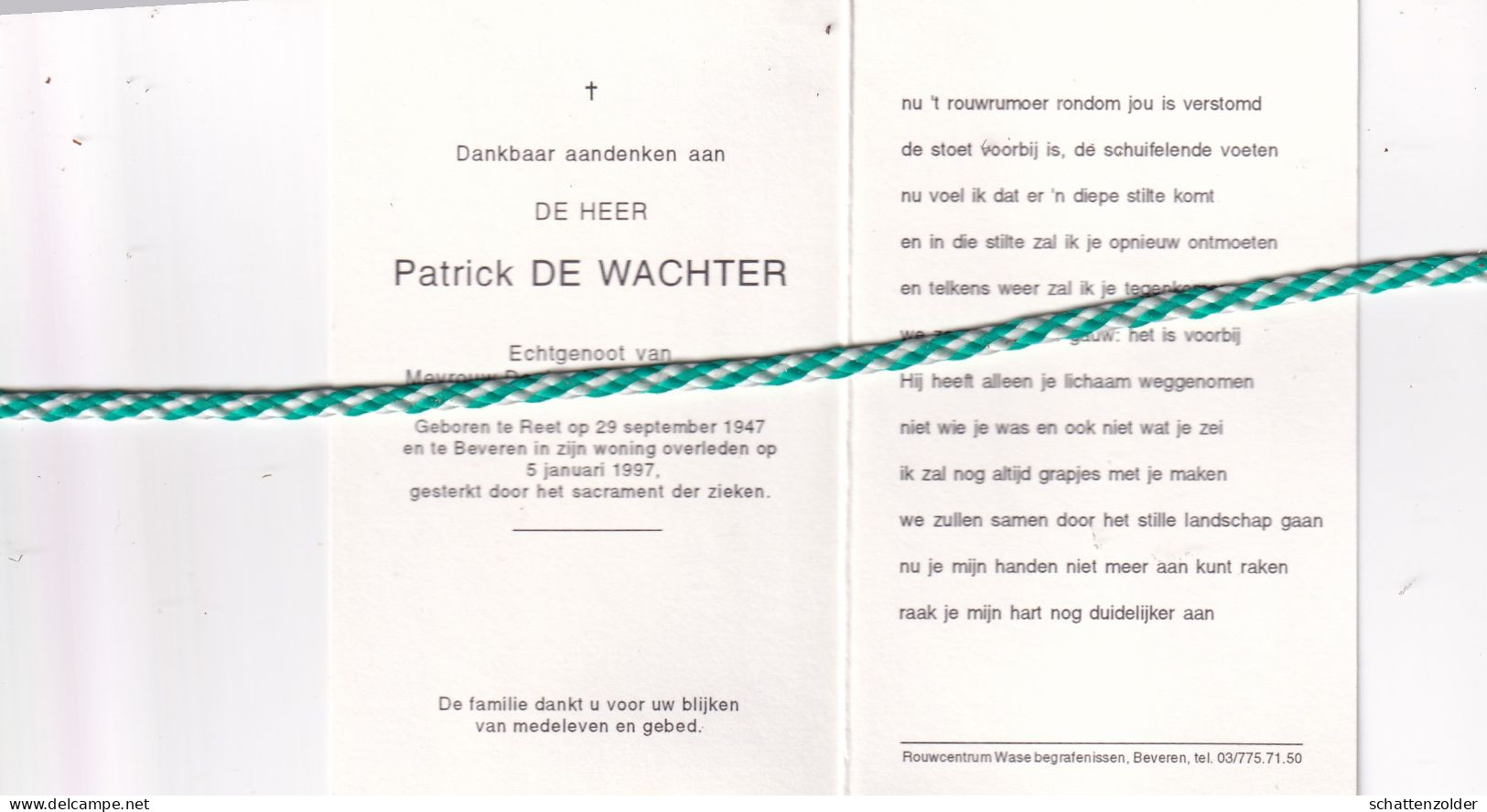 Patrick De Wachter-Van Meervenne, Reet 1947, Beveren 1997. Foto - Décès