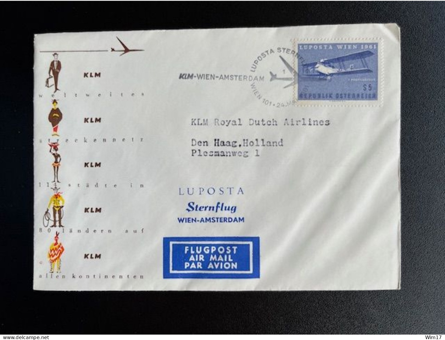 AUSTRIA 1961 SPECIAL FLIGHT COVER LUPOSTA WIEN VIENNA TO AMSTERDAM 24-05-1961 OSTERREICH STERNFLUG - Brieven En Documenten