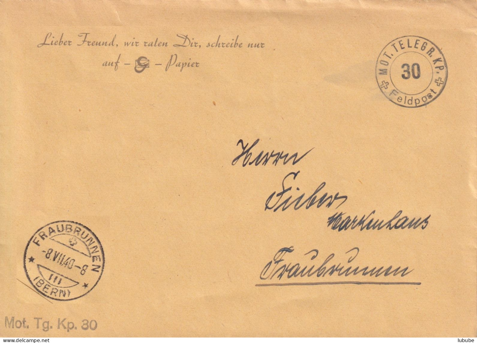 Feldpost Brief  "Mot.Telegr.Kp.30"       1940 - Briefe U. Dokumente