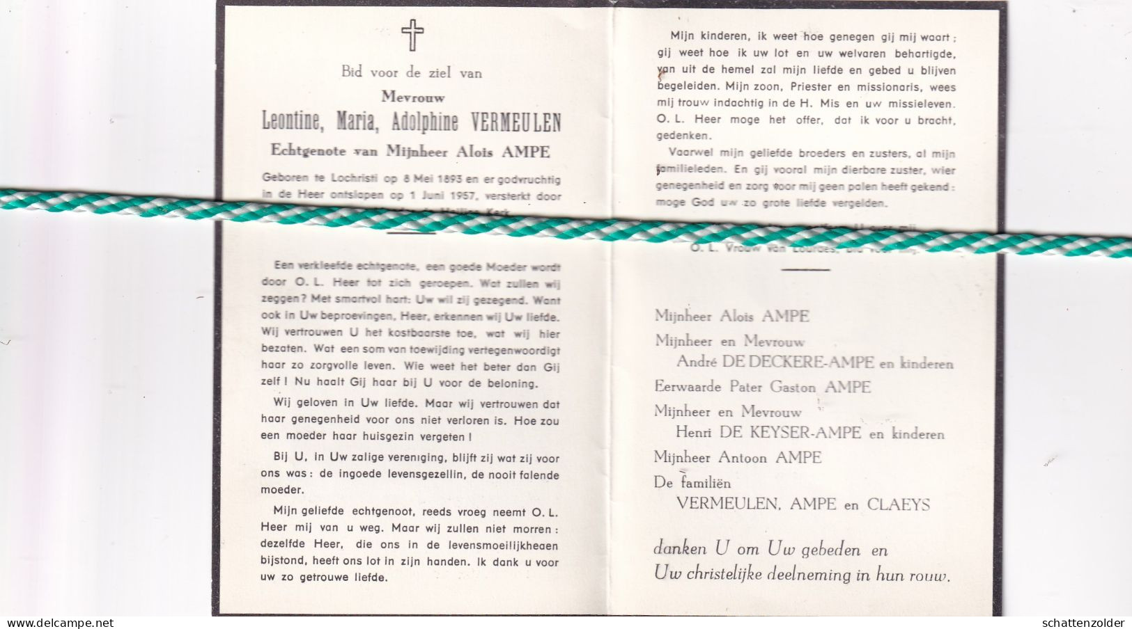 Leontine Maria Adolphine Vermeulen-Ampe, Lochristi 1893, 1957 - Obituary Notices