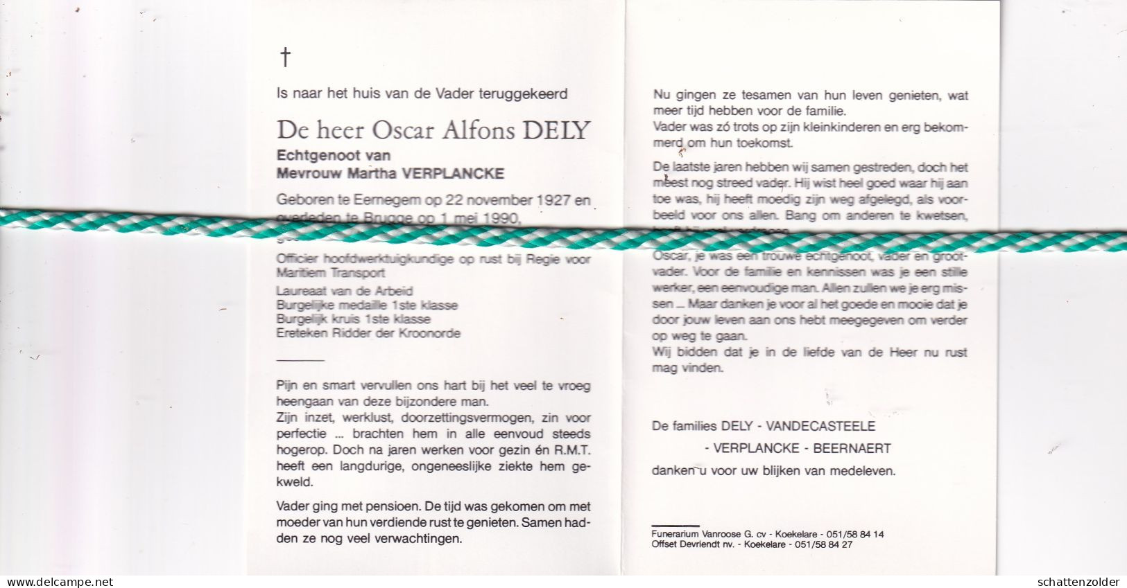 Oscar Alfons Dely-Verplancke, Eernegem 1927, Brugge 1990. Officier Hoofdwerktuinkundige Regie Maritiem Transport. Foto - Obituary Notices