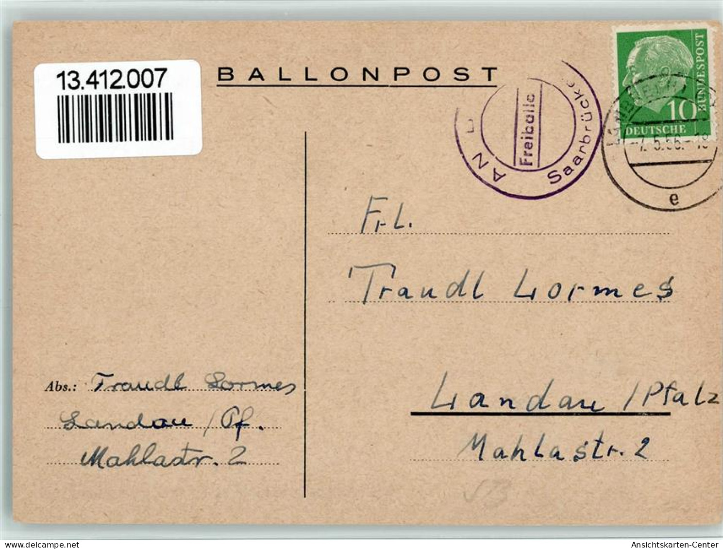 13412007 - Ballonpost Freiiballon Saarbruecken 1956 - Fesselballons