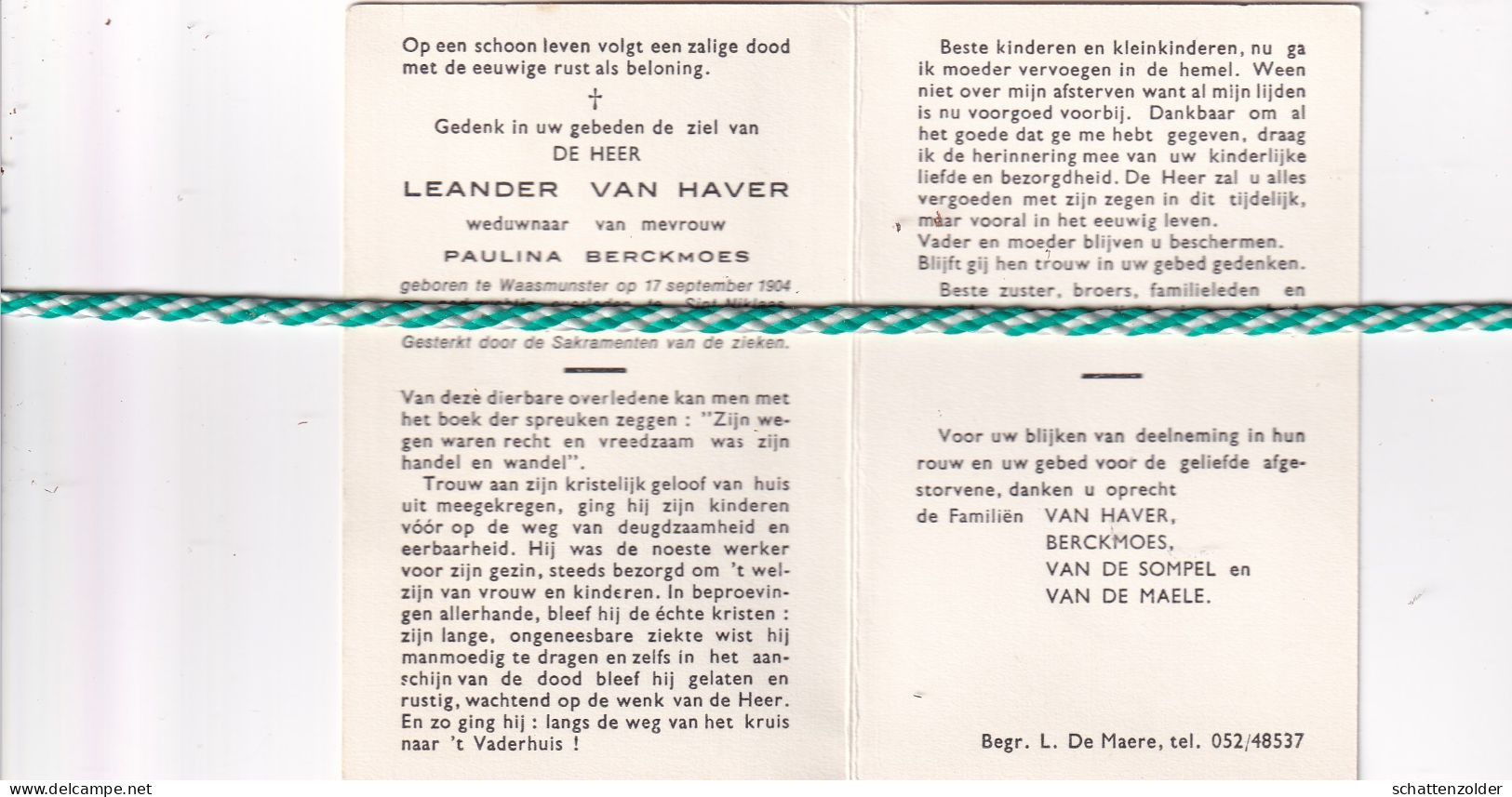 Leander Van Haver-Berckmoes, Waasmunster 1904, Sint-Niklaas 1973 - Obituary Notices