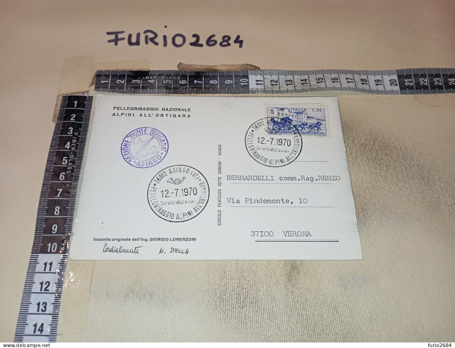 MX00106 ASIAGO 1970 TIMBRO ANNULLO PELLEGRINAGGIO ALPINI ALL'ORTIGARA CALVARIO DEGLI ALPINI BOZZETTO DI G. LORENZONI - 1961-70: Storia Postale