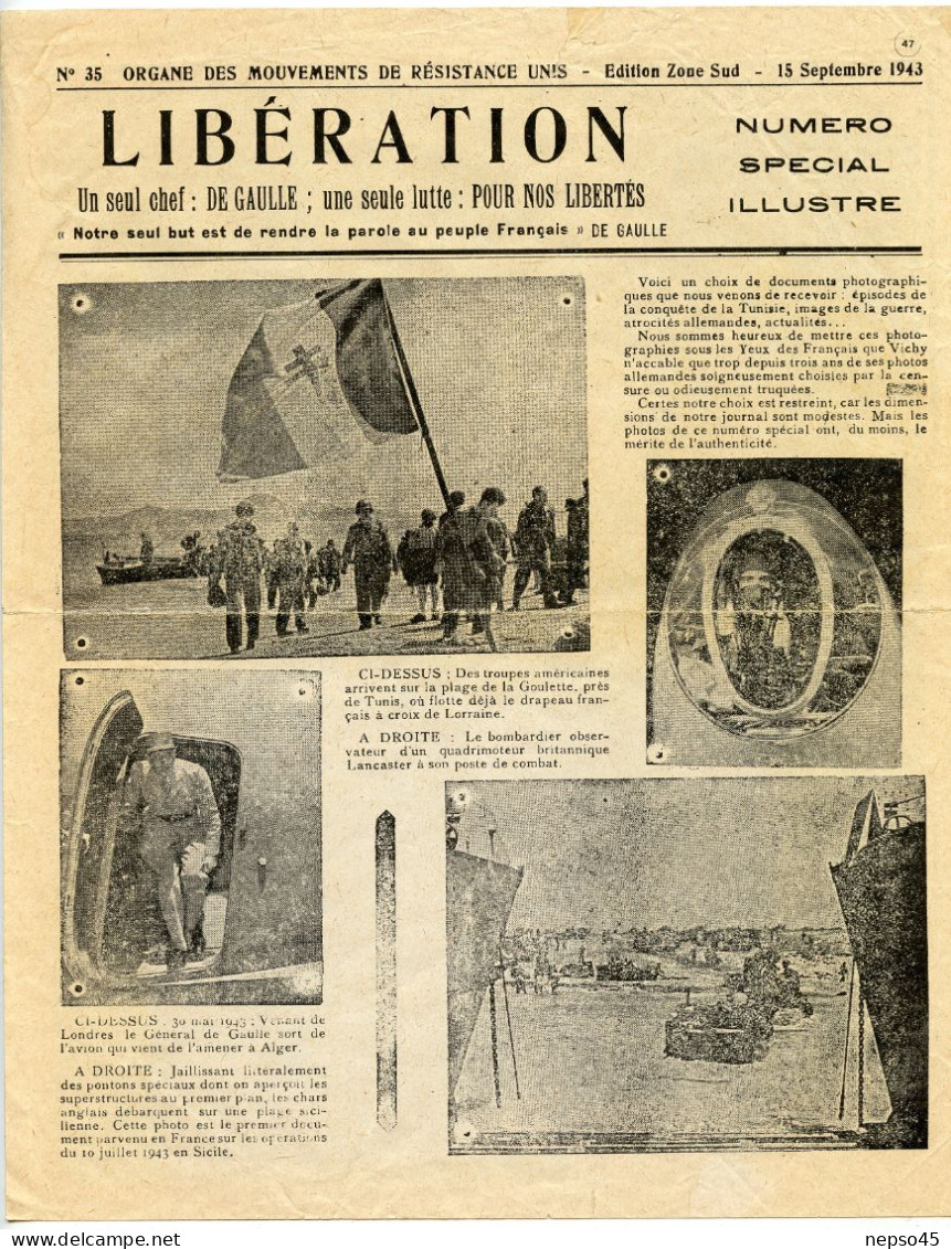 Journal.Organe Des Mouvements De Résistance Uni.Edition Zone Sud.année 1943.Libération Numéro Spécial.Propagande Alliés. - French