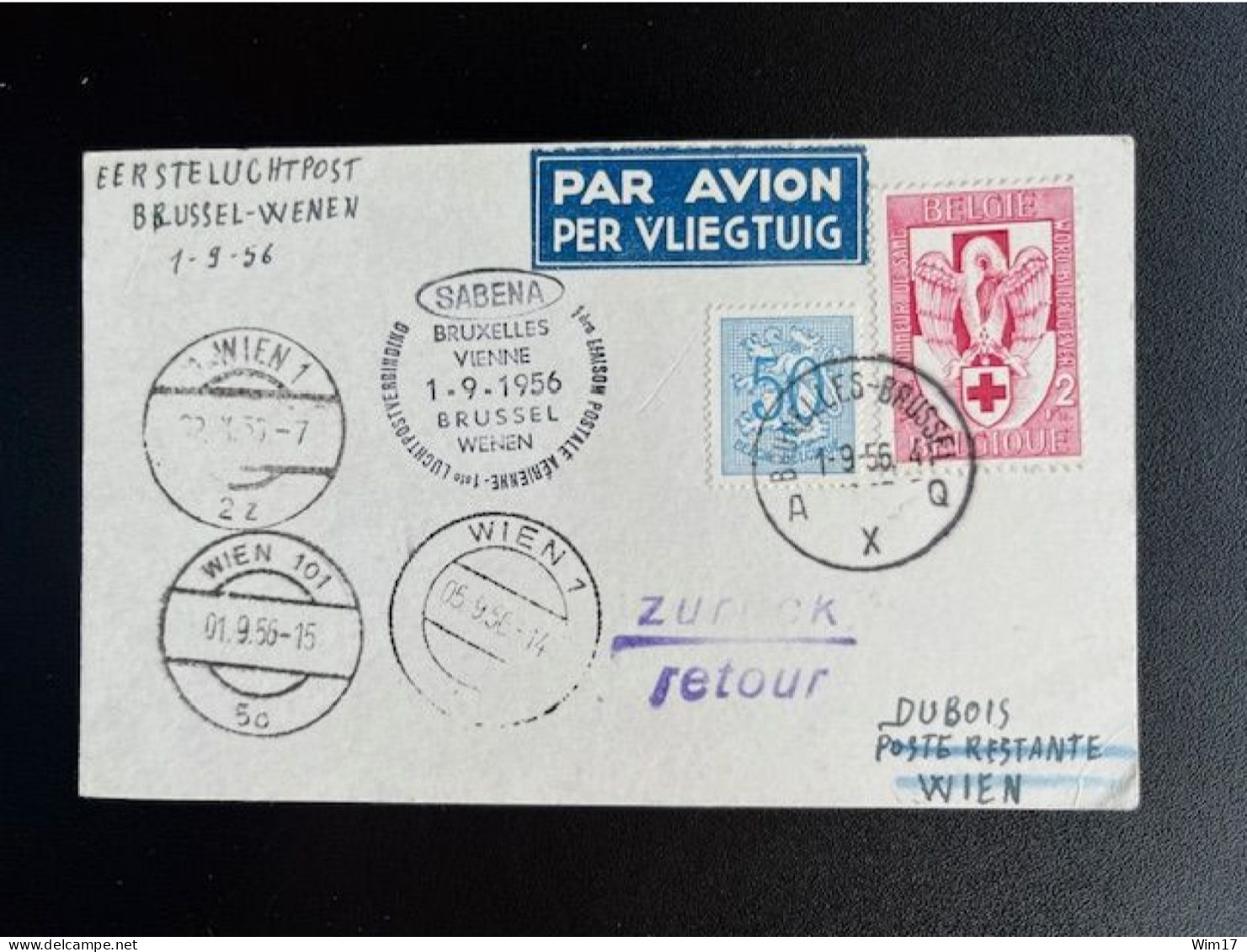 BELGIUM 1956 FIRST FLIGHT POSTCARD BRUSSELS TO VIENNA WIEN 01-09-1956 BELGIE BELGIQUE - Brieven En Documenten