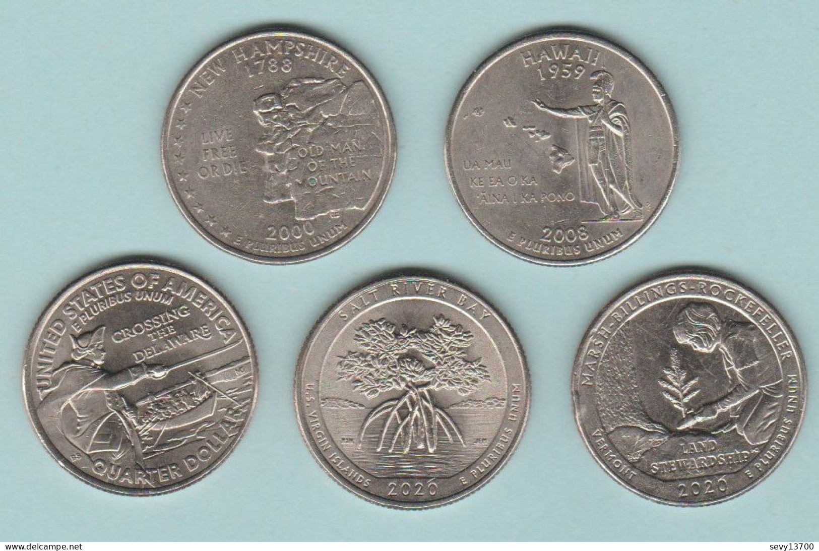 5 Pièces Quarter Dollar New Hampshire - Hawaii - Crossing The Delaware - Salt River Bay - Marsh Billings Rockefeller - Sonstige & Ohne Zuordnung