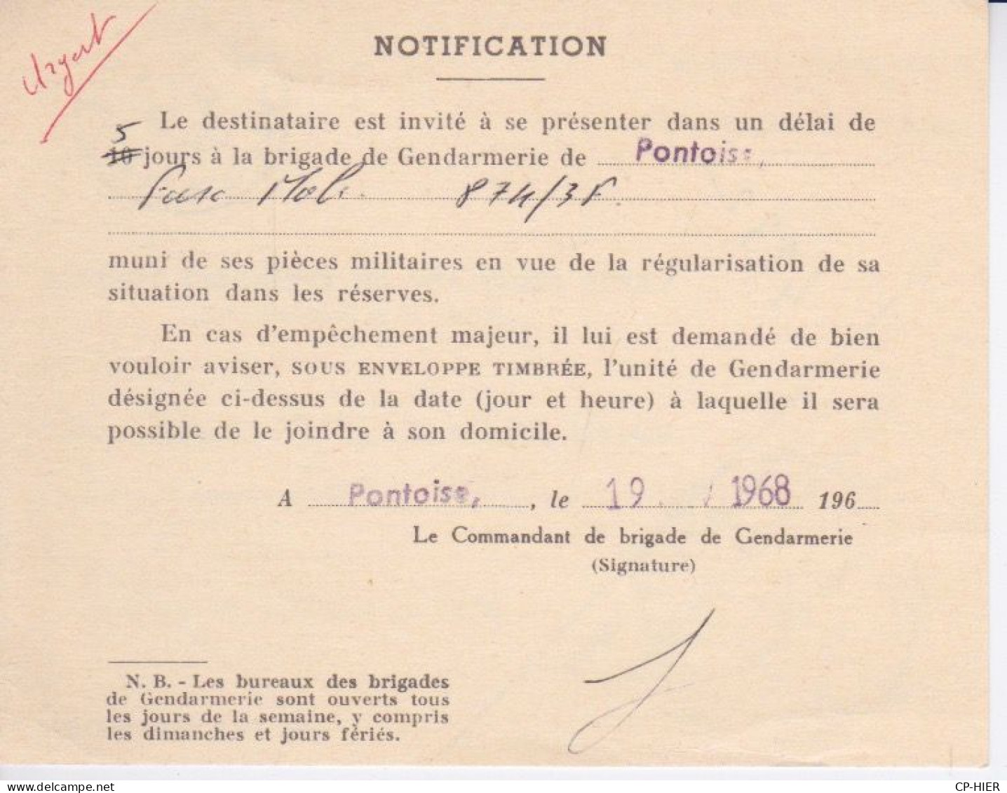 CARTE CIRCULANT EN FRANCHISE POSTALE - SERVICE MILITAIRE  - CONVOCATION A LA GENDARMERIE DE PONTOISE - Brieven En Documenten