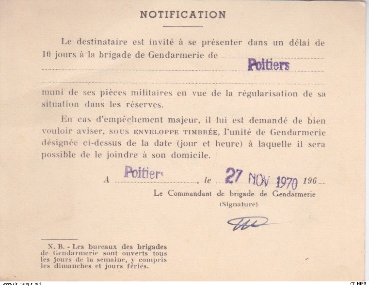 CARTE CIRCULANT EN FRANCHISE POSTALE - SERVICE MILITAIRE  - CONVOCATION A LA GENDARMERIE DE POITIERS R.P+ FLAMME ENTETE - Lettres & Documents