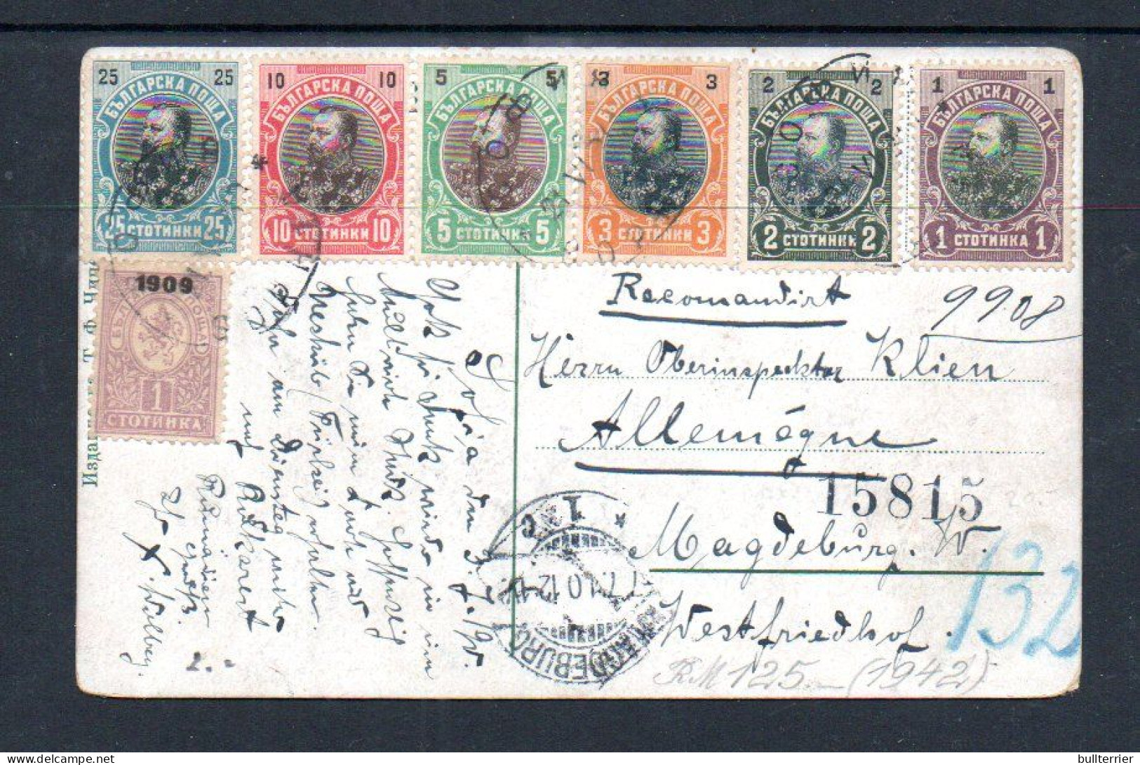 BULGARIA - 1912 REGISTERED COLOURED  POSTCARD  SOFIA MARKET, FRANKED VARIOUS STAMPS TO MAGDEBURG GERMANY - Briefe U. Dokumente