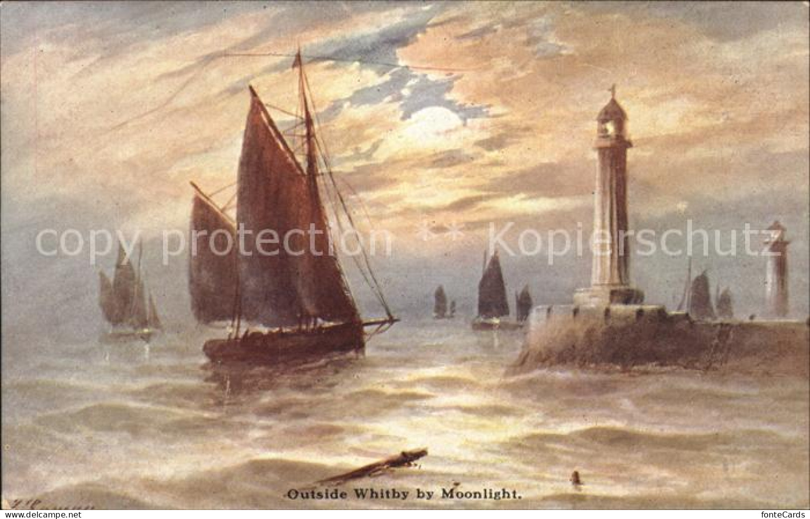 11732855 Whitby UK By Moonlight Lighthouse Boat Drawing Kuenstlerkarte  - Altri & Non Classificati