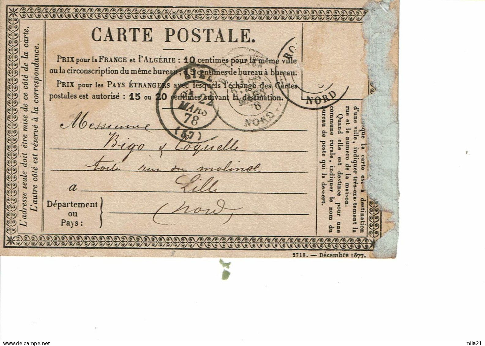 FRANCE Les Premier Entier Postal  Tarif En 4 Lignes - 1876-1878 Sage (Type I)