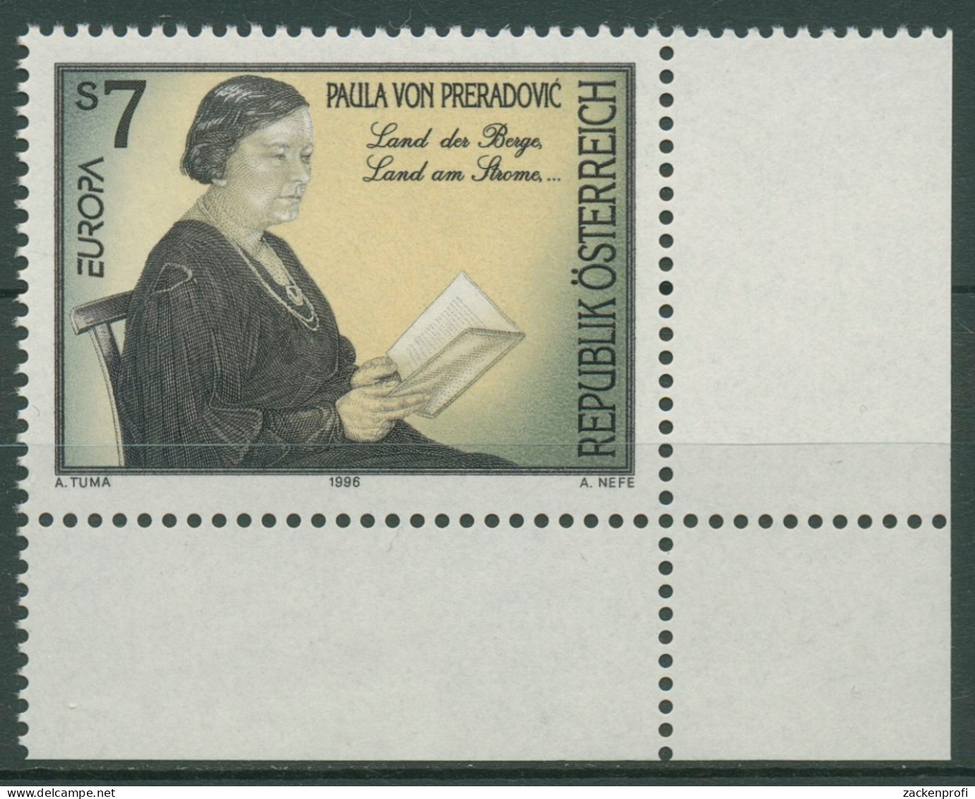 Österreich 1996 Europa CEPT Berühmte Frauen P.v.Preradovic 2189 Ecke Postfrisch - Unused Stamps