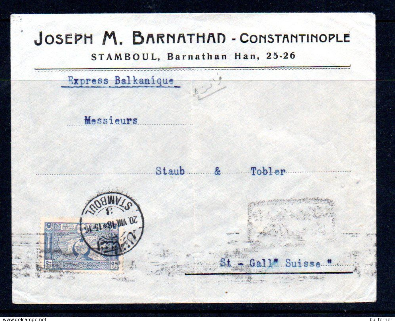 TURKEY - 1915- REGITERED COVER STAMBOUL TO ST GALLEN SWITZERLAND - Briefe U. Dokumente