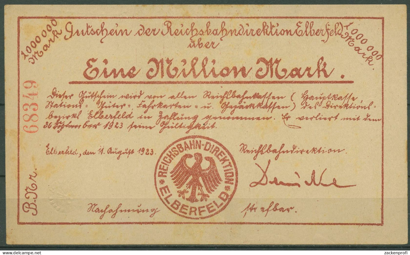 Deutsche Reichsbahn Elberfeld 1 Million Mark 1923, Leicht Gebraucht (K1095) - Altri & Non Classificati