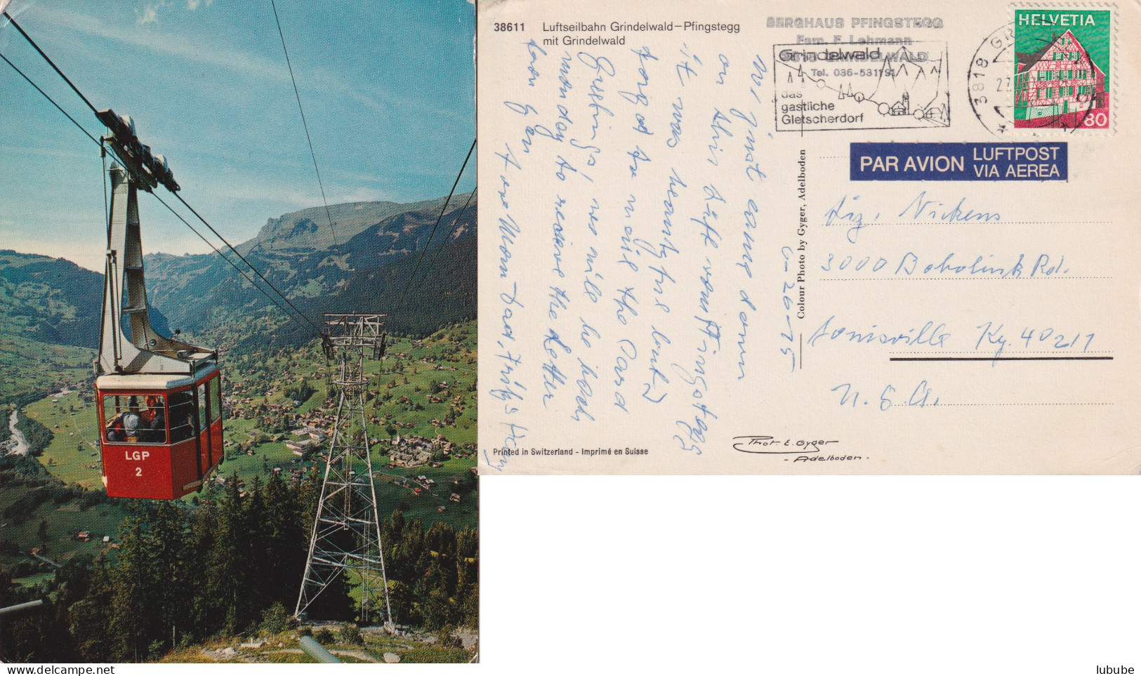 Luftpost AK  "Luftseilbahn Grindelwald-Pfingstegg" - Louisville USA        1975 - Lettres & Documents