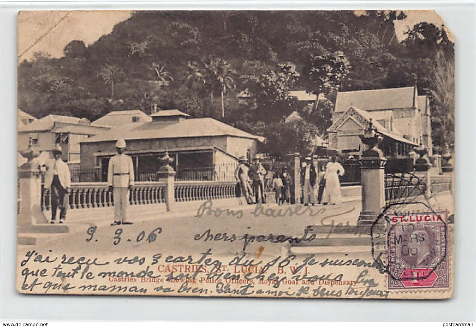 Saint Lucia - CASTRIES - Bridge Showing Police Officers, Royal Goal And Dispensary - SEE SCANS FOR CONDITION One Corner  - Santa Lucía