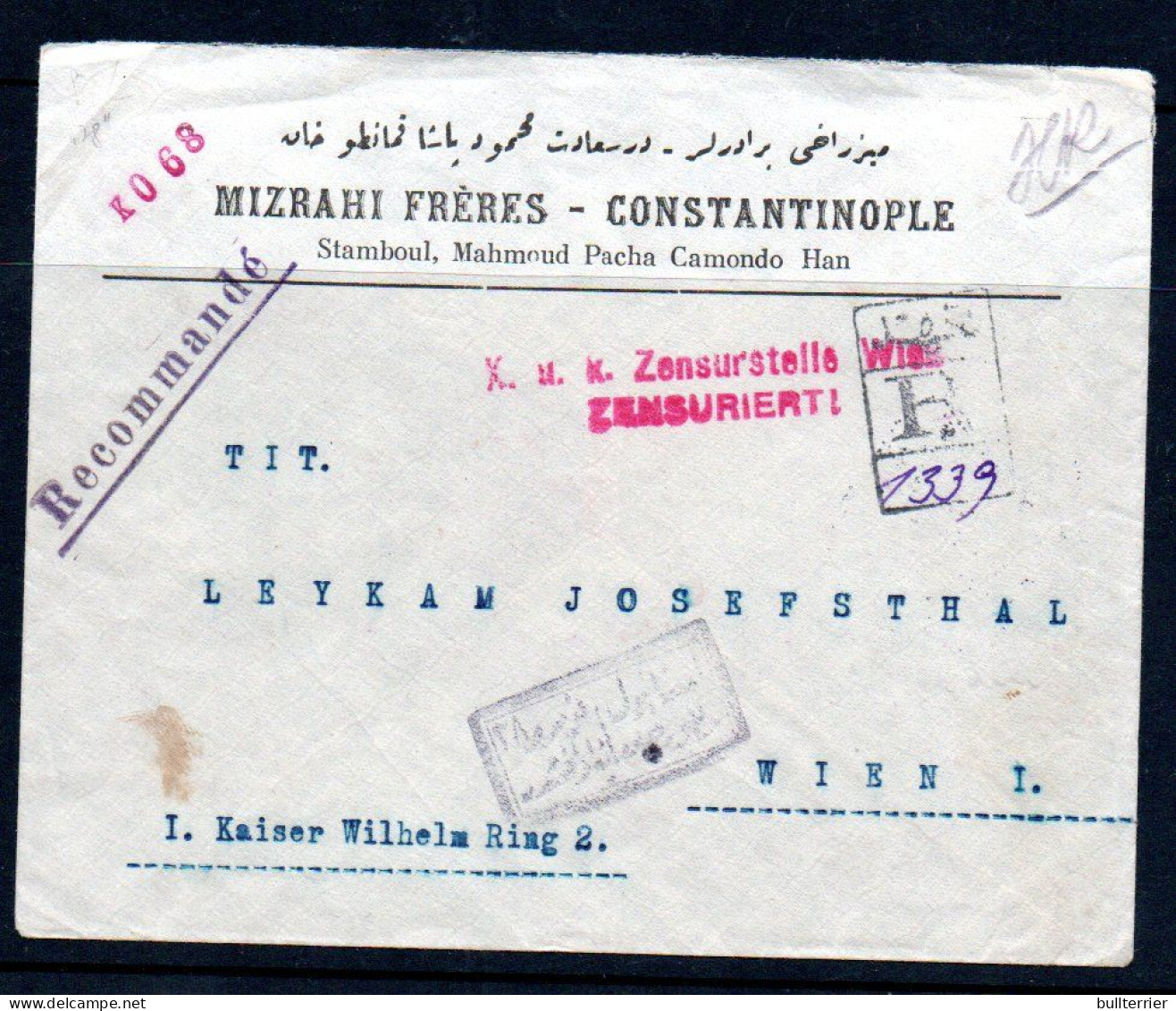 TURKEY - 191 REGITERED ,CENSORED COVER STAMBOUL TO VIENNA - Covers & Documents