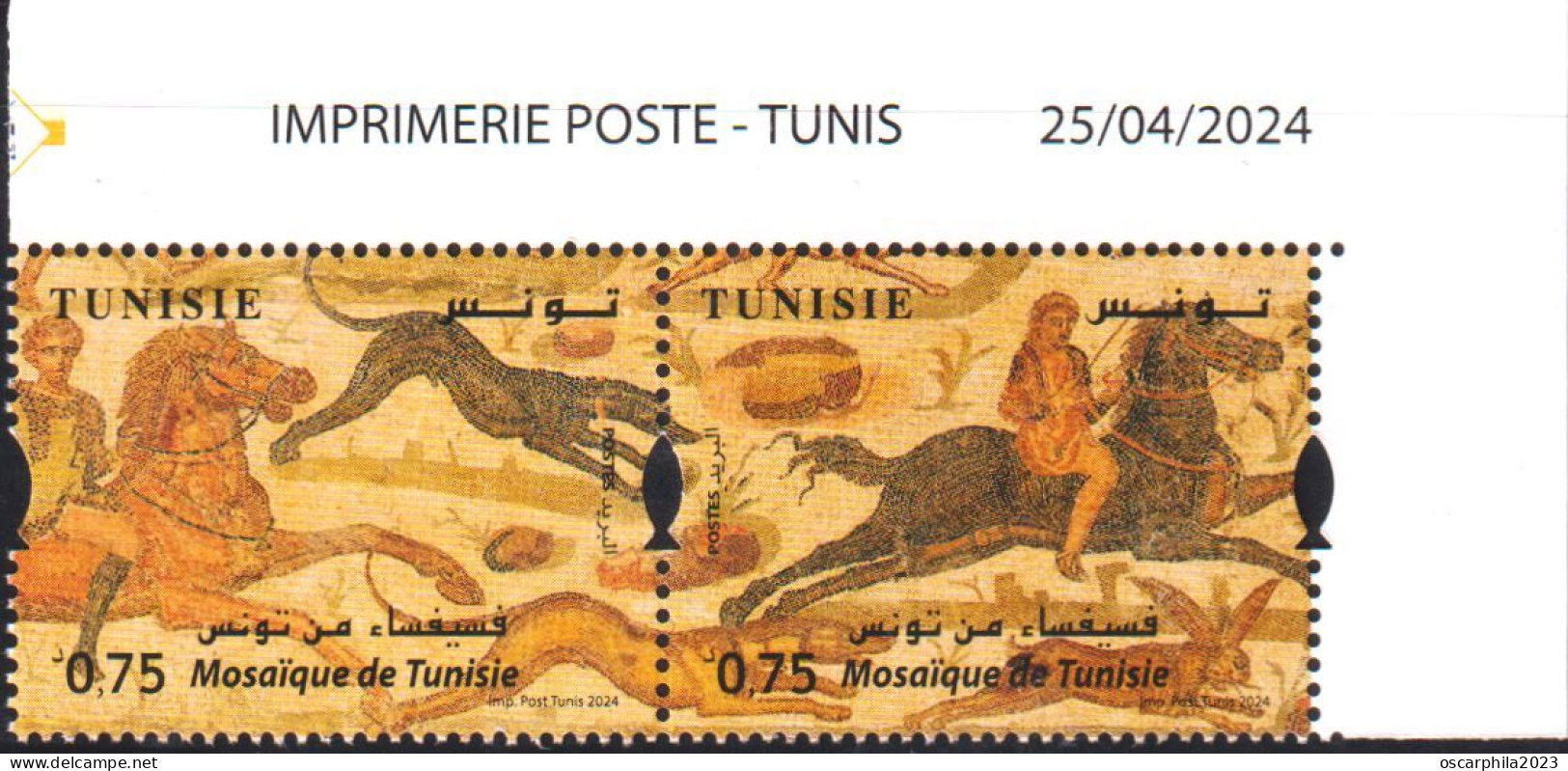 2024-Tunisie- Mosaïque -Scène De Chasse -Cavaliers -Chien -Lapin- Paire Coin Daté + Bloc Perforé  /MNH***** - Archäologie