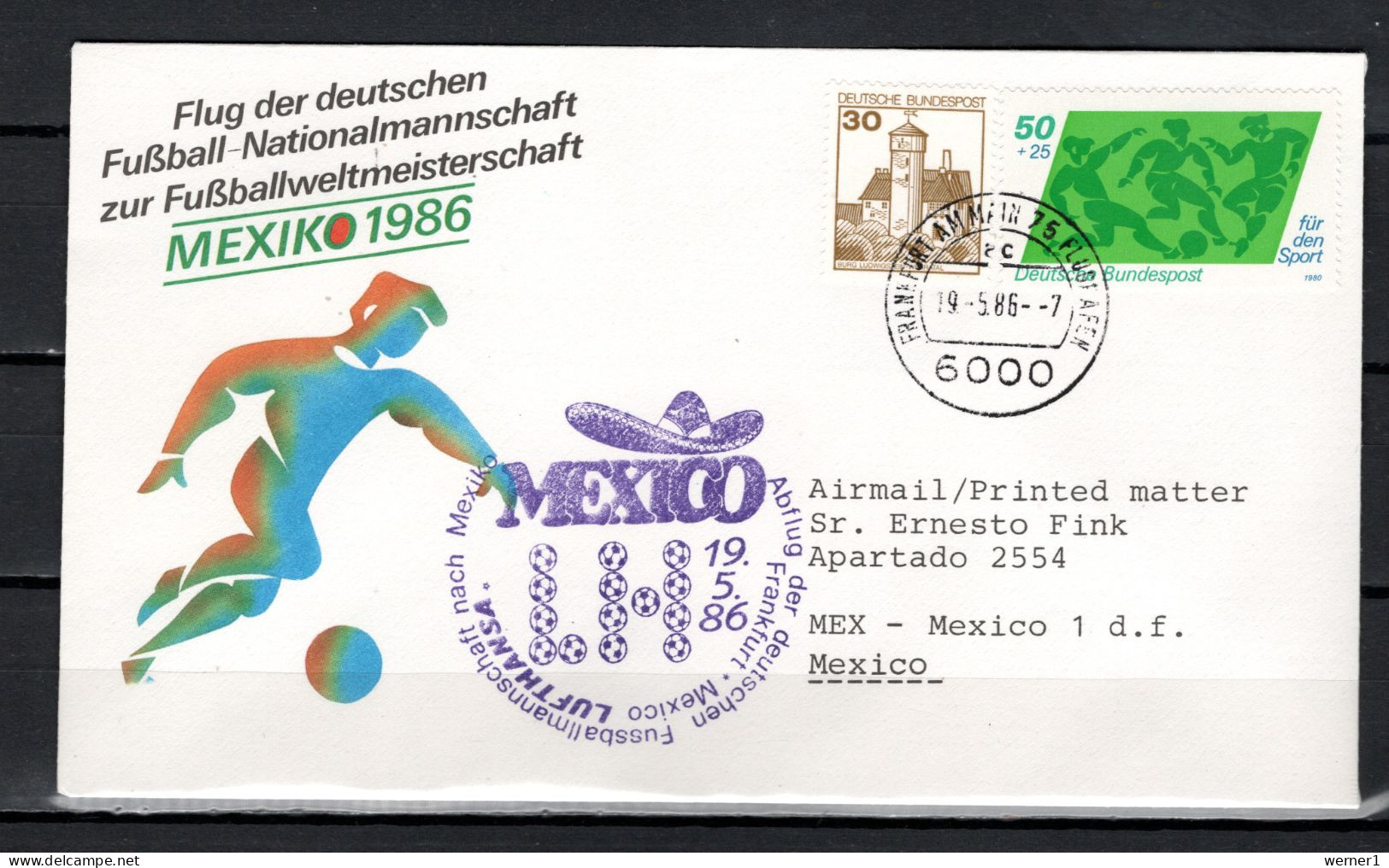 Germany 1986 Football Soccer World Cup Commemorative Flight Cover To Mexico With German Team - 1986 – Mexique