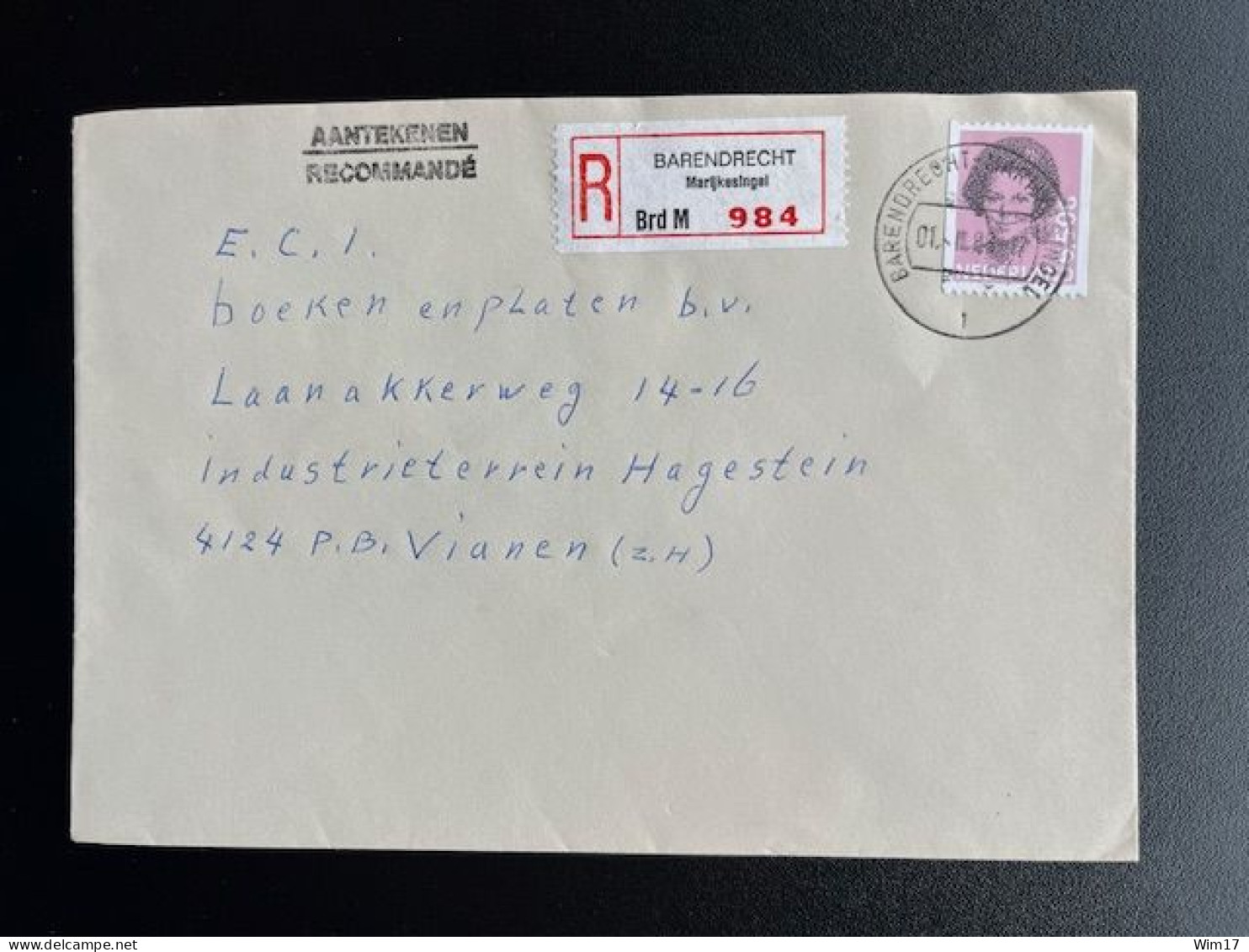 NETHERLANDS 1985 REGISTERED LETTER BARENDRECHT MARIJKESINGEL TO VIANEN 01-12-1985 NEDERLAND AANGETEKEND - Lettres & Documents