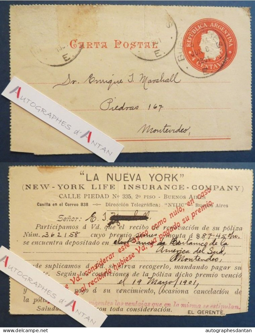 ● Argentine 1904 Entier Postal Buenos Aires > Montevideo Uruguay M. Marshall - New York Life Insurance Company - Covers & Documents