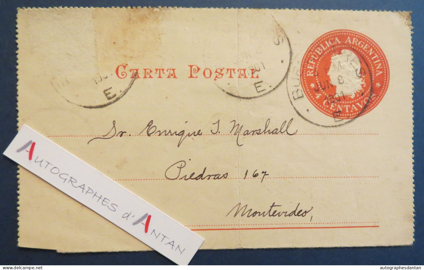 ● Argentine 1904 Entier Postal Buenos Aires > Montevideo Uruguay M. Marshall - New York Life Insurance Company - Lettres & Documents