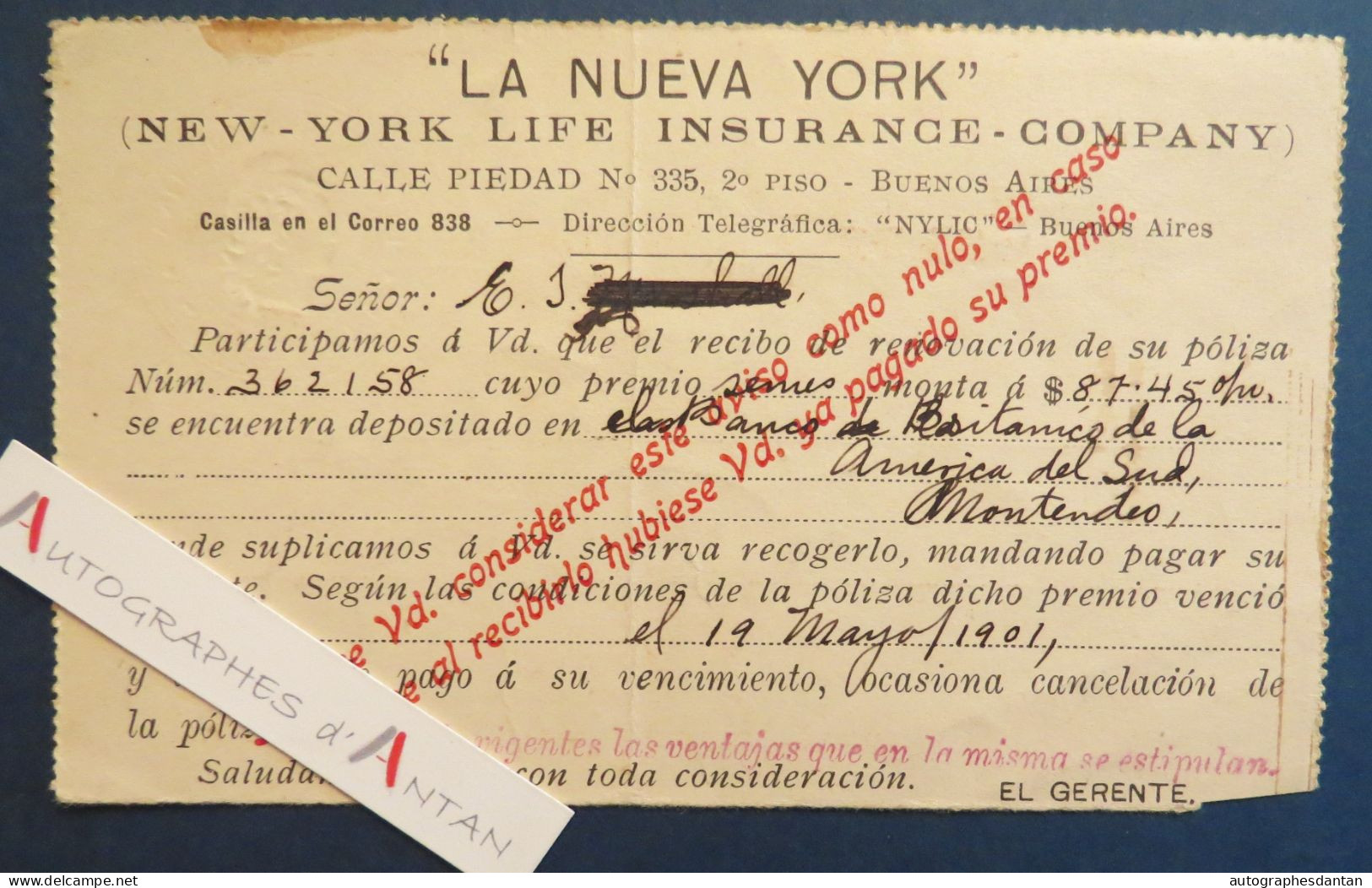 ● Argentine 1904 Entier Postal Buenos Aires > Montevideo Uruguay M. Marshall - New York Life Insurance Company - Lettres & Documents
