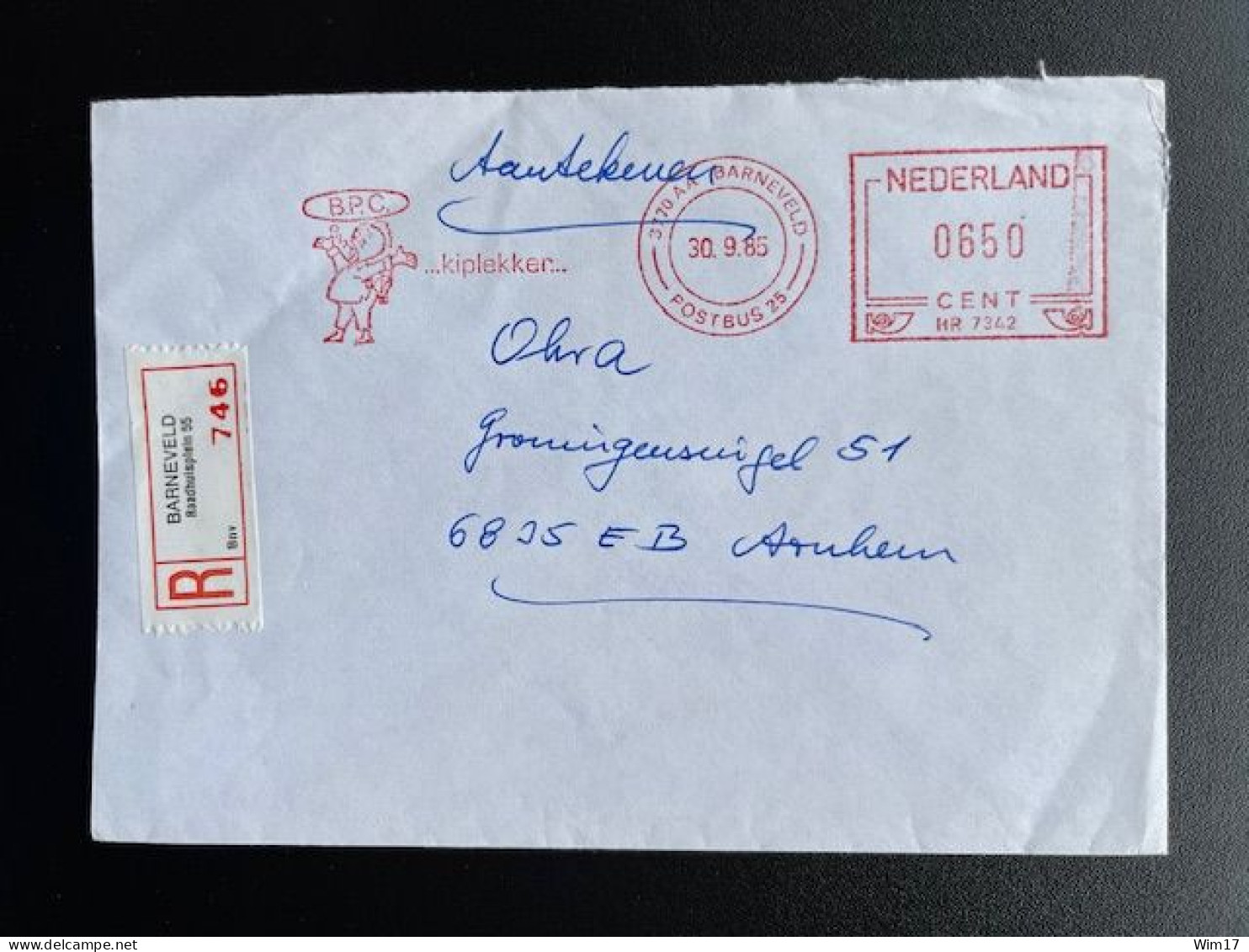 NETHERLANDS 1985 REGISTERED LETTER BARNEVELD RAADHUISPLEIN TO ARNHEM 30-09-1985 NEDERLAND AANGETEKEND - Lettres & Documents
