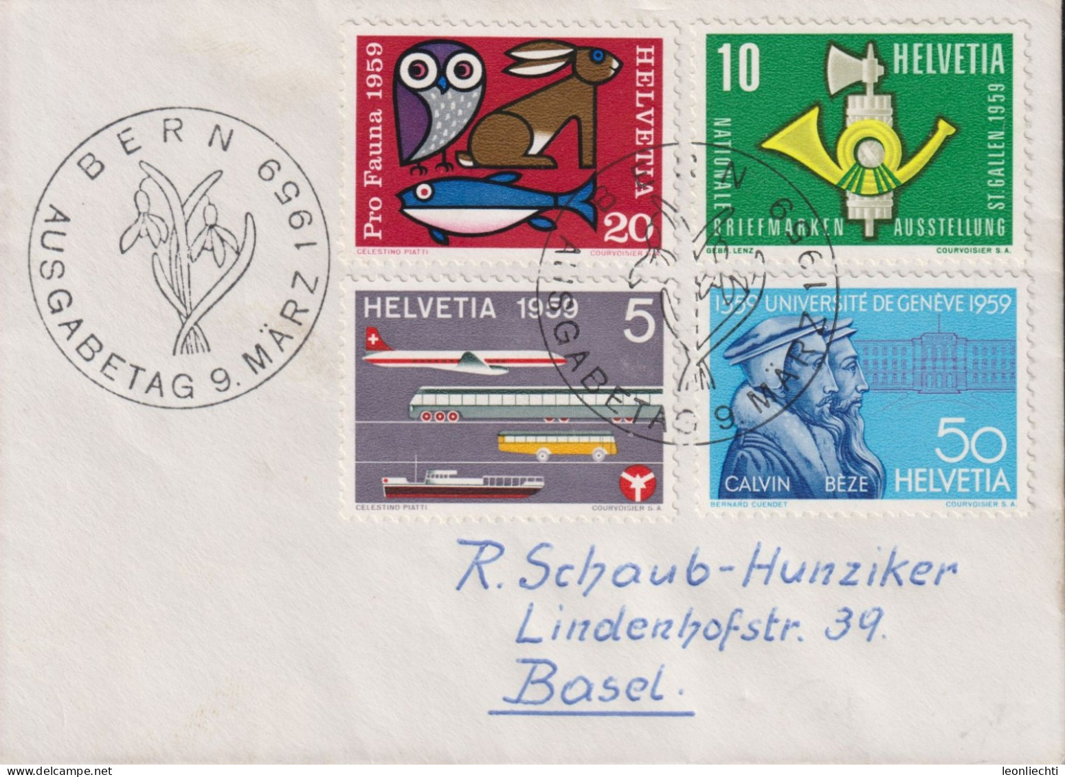 1959 Schweiz Kleinbrief: 8.2x11.5 Cm, Zum: 343-346, Mi: 668-671 Werbe Und Gedenkmarken, ⵙ ET 9. MÄRZ 1959 - Lettres & Documents