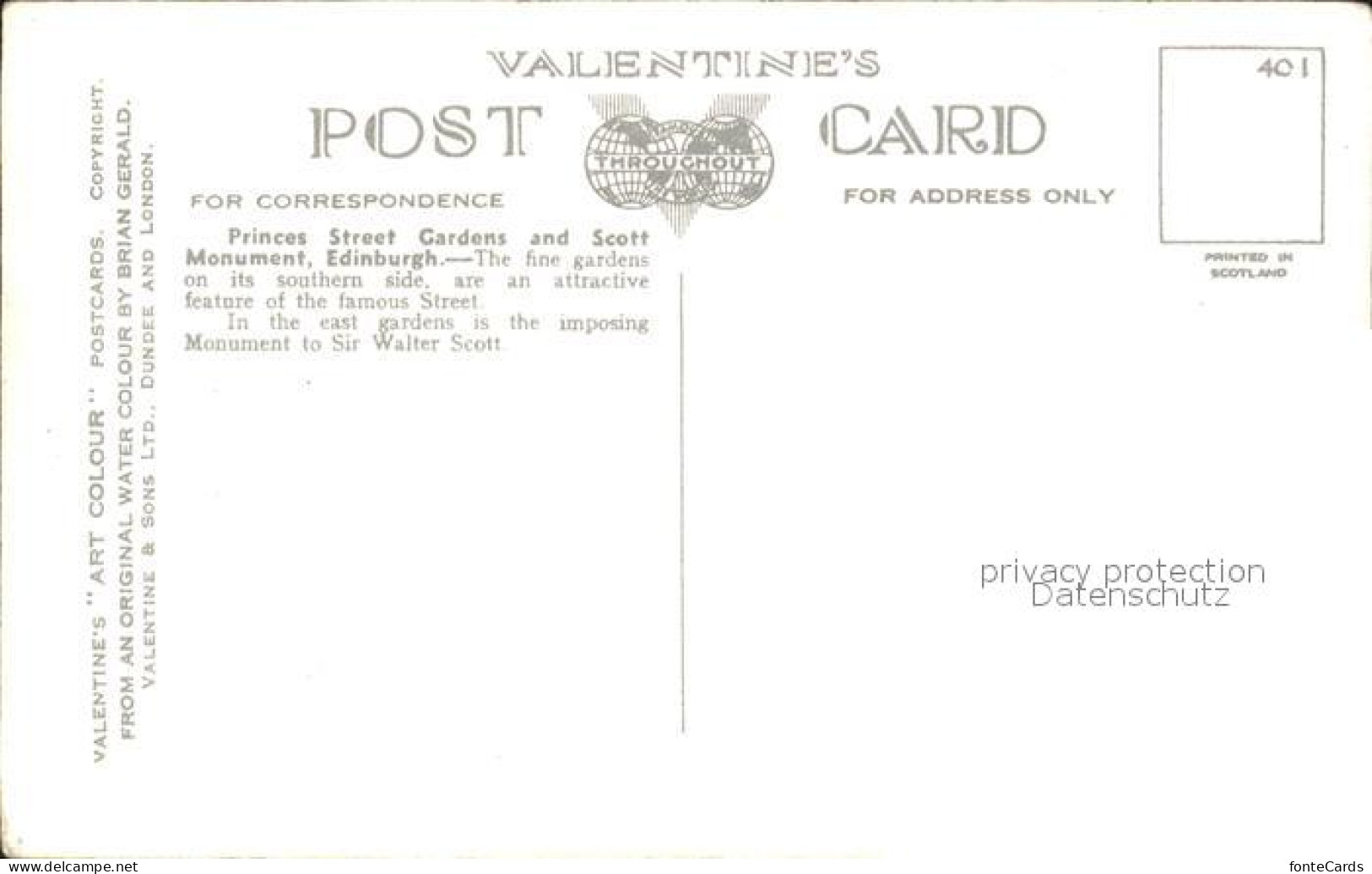 11732309 Edinburgh Princes Street Gardens And Scott Monument Valentines Post Car - Andere & Zonder Classificatie