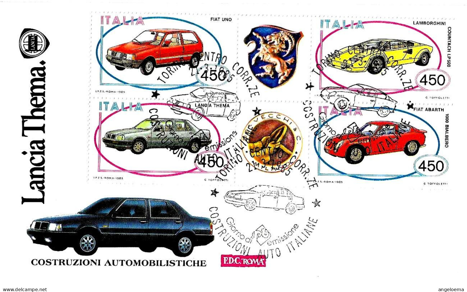 ITALIA ITALY - 1985 TORINO Auto Costruzioni Automobilistiche (Lancia Thema) Blocco 4v. Su Busta Fdc ROMA - 3102 - Automobili