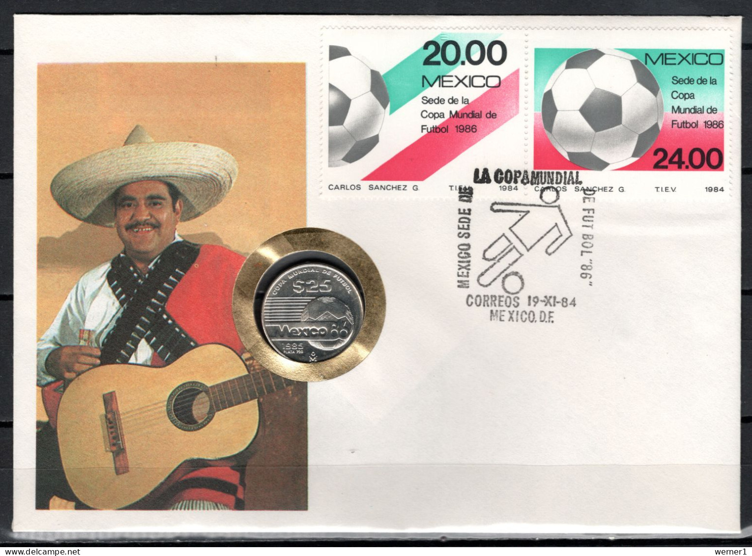 Mexico 1984 Football Soccer World Cup Numismatic Cover With 25 Peso Silver Coin - 1986 – México