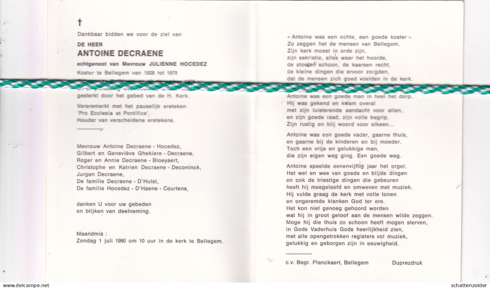 Antoine Decraene-Hocedez, Bellegem 1903, 1990. Koster Bellegem  1928-1979. Foto Organist - Décès