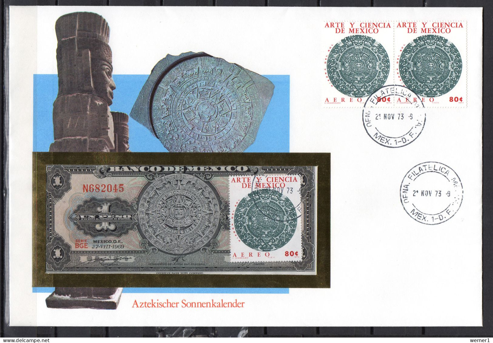 Mexico 1973 Numismatic Cover With 1 Peso Banknote, Aztec Solar Calendar - Mexiko