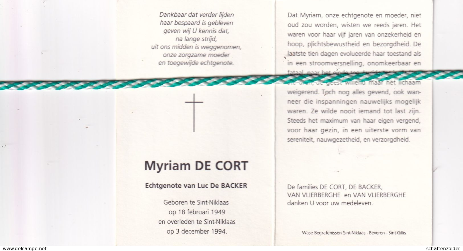 Myriam De Cort-De Backer, Sint-Niklaas 1949, 1994. Foto - Décès