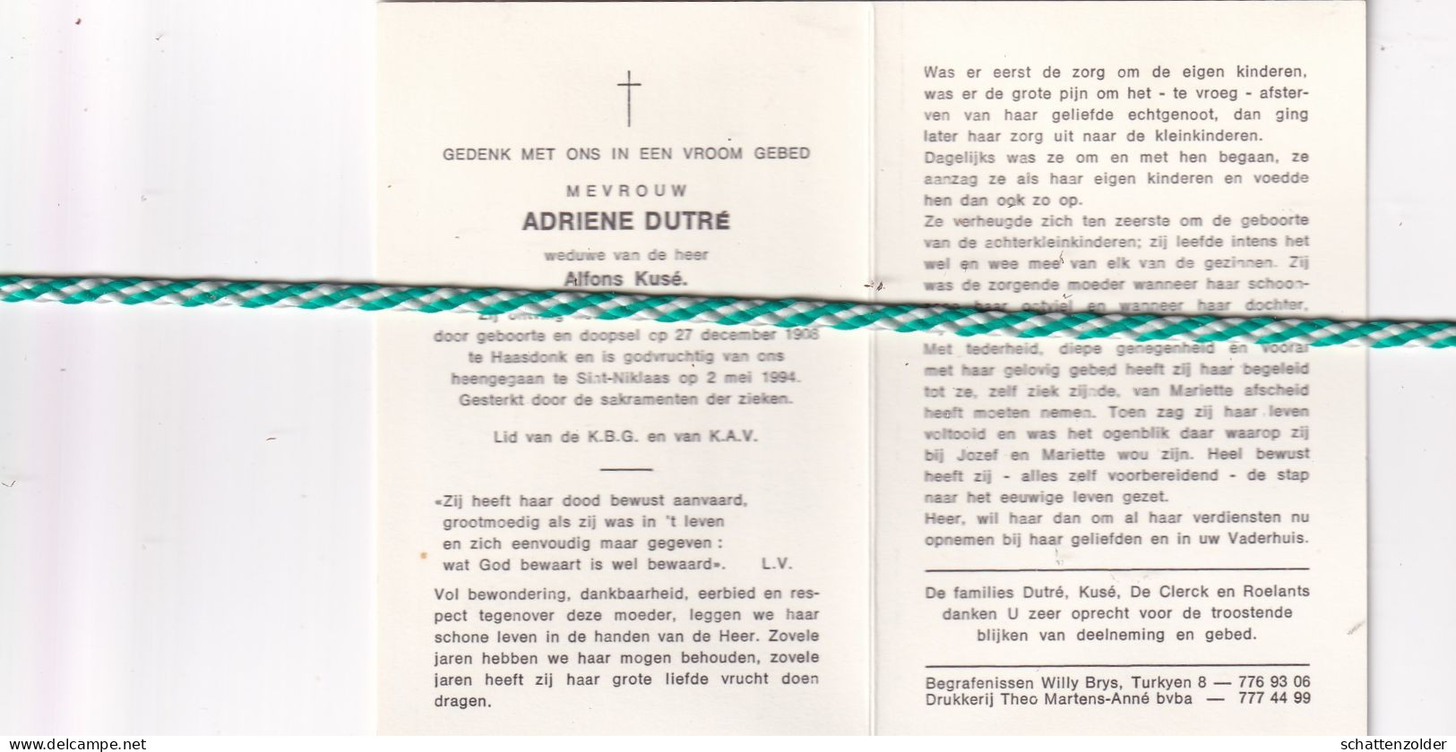 Adriene Dutré-Kusé, Haasdonk 1908, Sint-Niklaas 1994. Foto - Obituary Notices