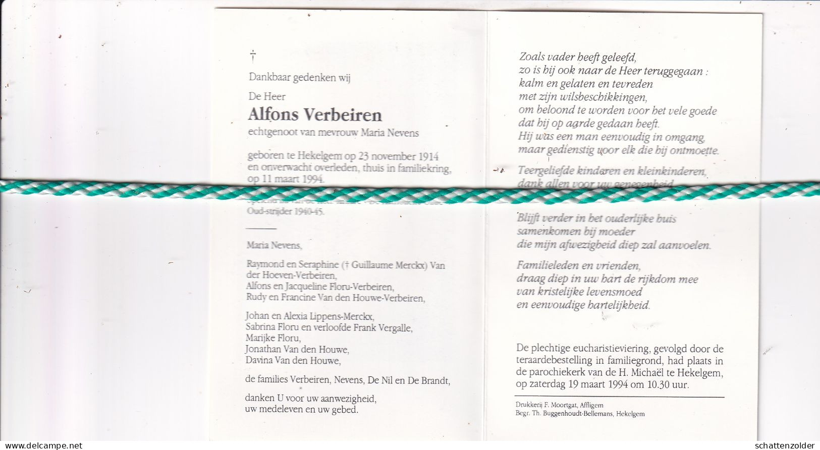 Alfons Verbeiren-Nevens, Hekelgem 1914, 1994. Oud-strijder 40-45, Foto Muzikant - Obituary Notices