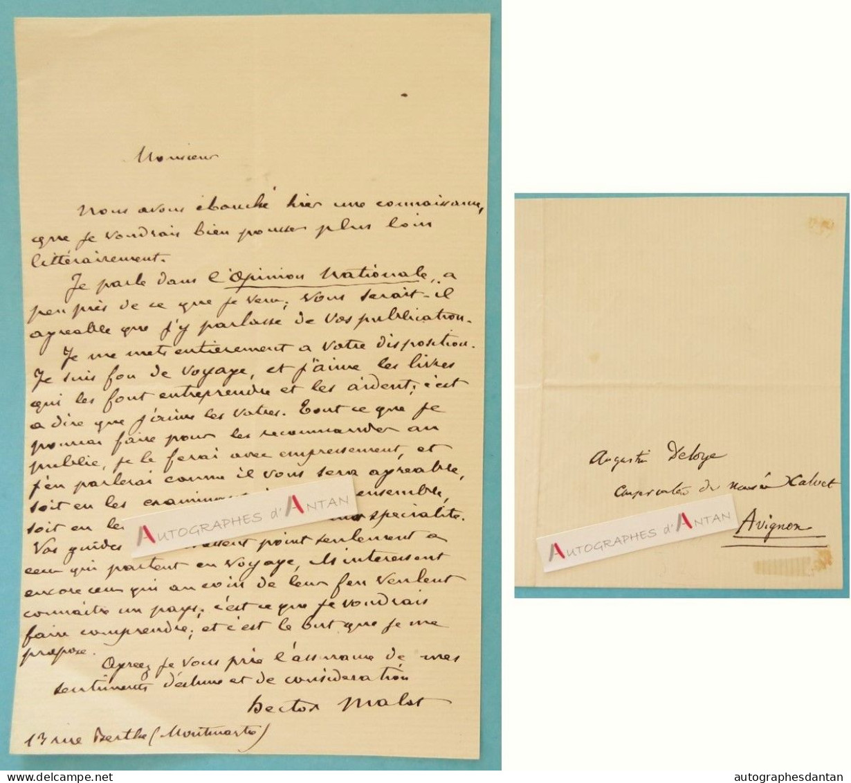 ● L.A.S Hector MALOT à Augustin DELOYE Musée Calvet Avignon Lettre écrite De Montmartre Rue Bethe - Né La Bouille - Escritores