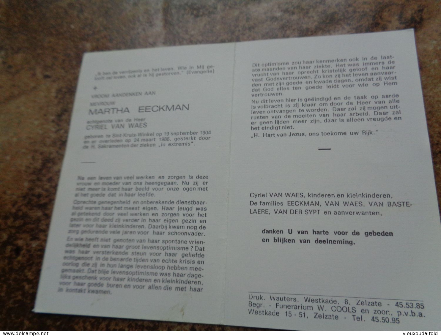 Doodsprentje/Bidprentje  MARTHA EECKMAN   St Kruis Winkel 1904-1986   (Echtg Cyriel VAN WAES) - Religion & Esotérisme