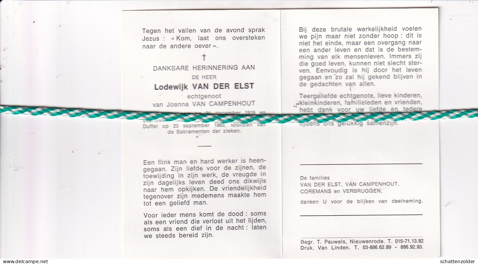 Lodewijk Van Der Elst-Van Campenhout, Leest 1919, Duffel 1983 - Avvisi Di Necrologio