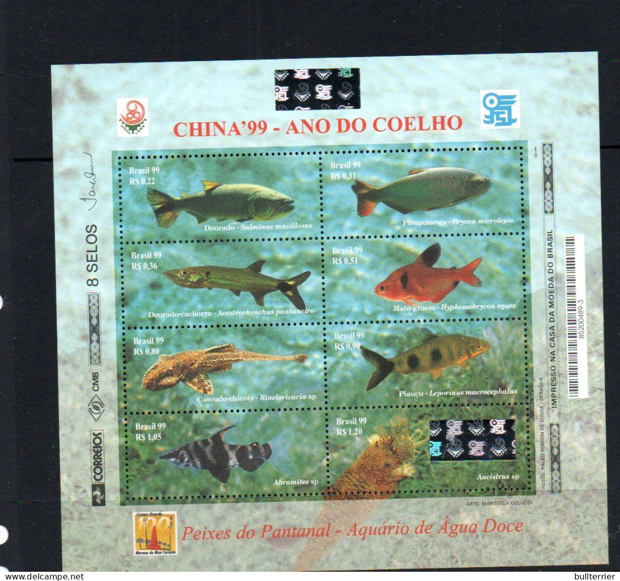 HOLOGRAMS - BRAZIL - 1999- CHINA EXPO FISHES SHEETLET OF 8 MINT NEVER HINGED - Hologramme