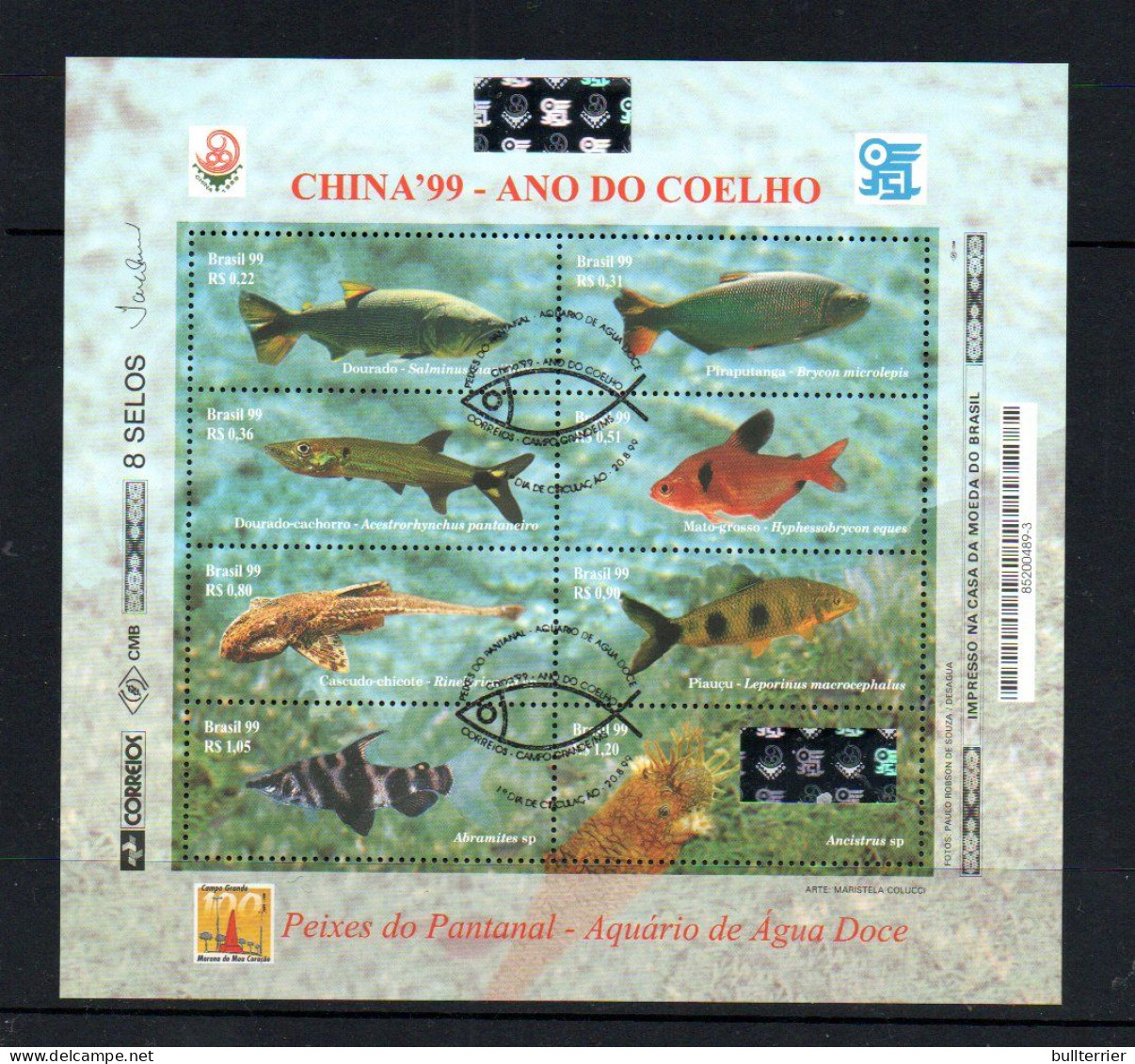 HOLOGRAMS - BRAZIL - 1999- CHINA EXPO FISHES SHEETLET OF 8 FINE USED - Hologrammes