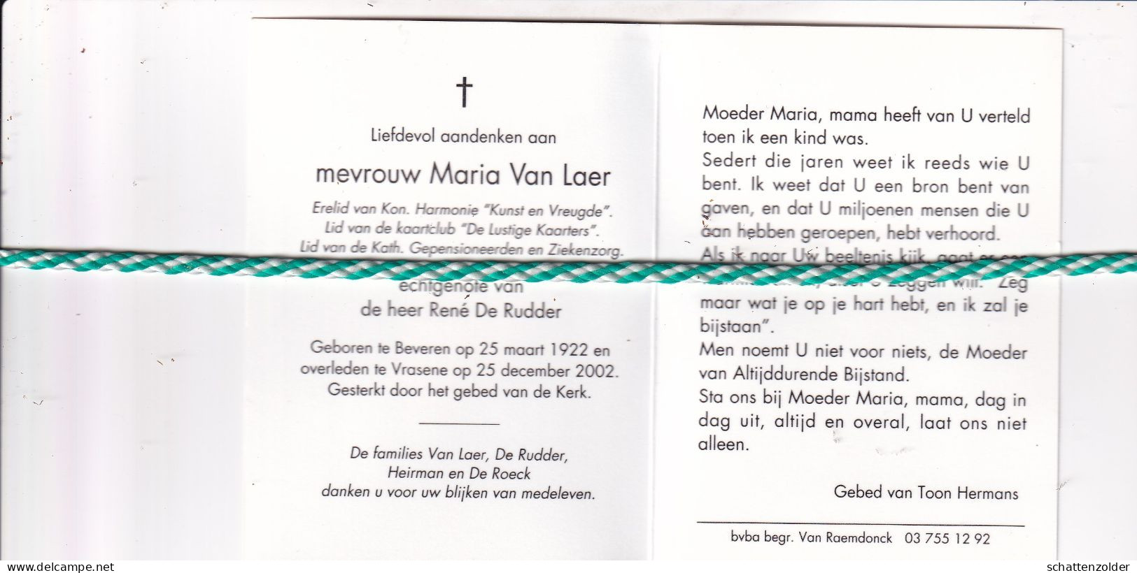 Maria Van Laer-De Rudder, Beveren 1922, Vrasene 2002. Foto - Décès