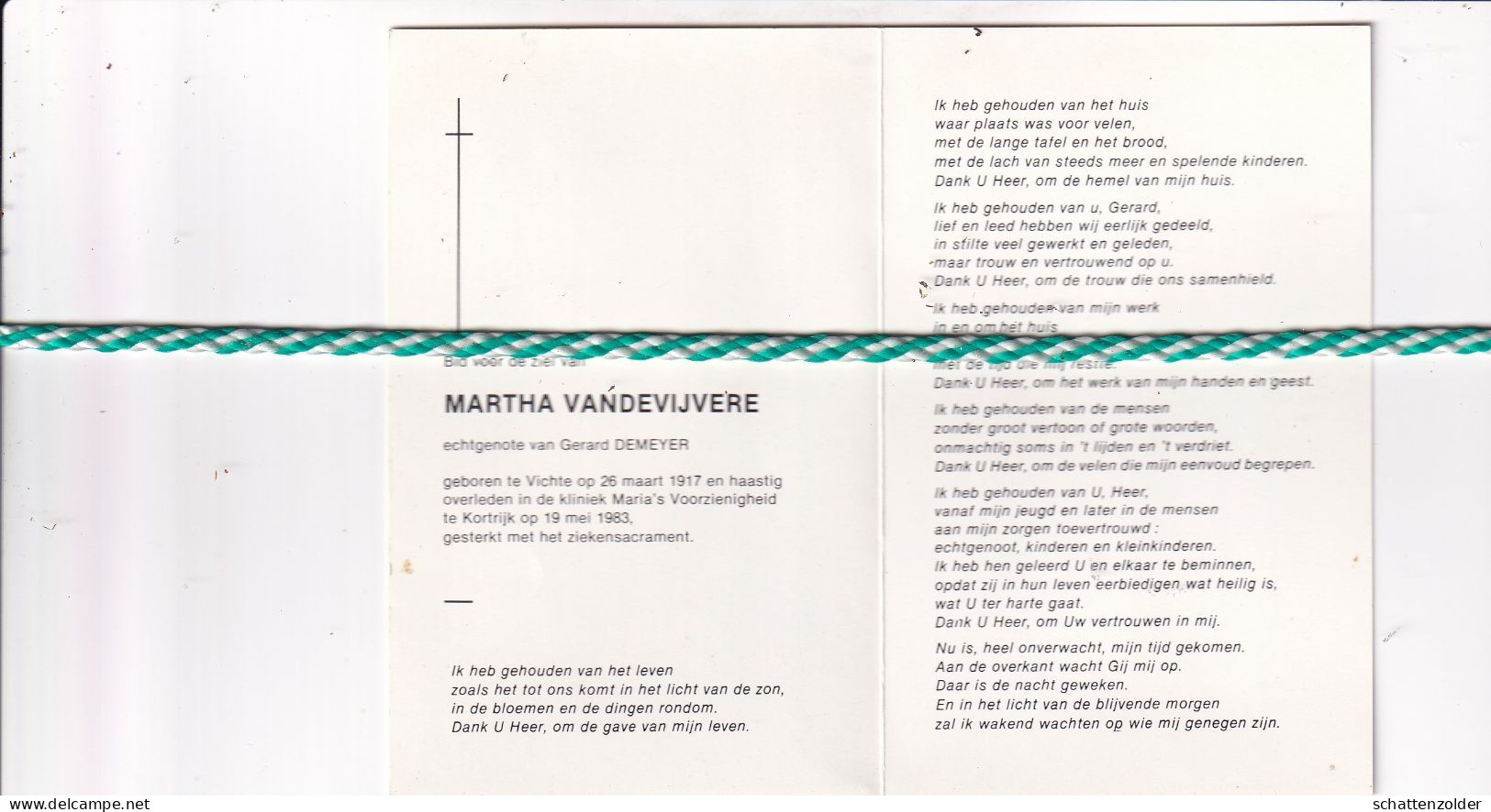Martha Vandevijvere-Demeyer, Vichte 1917, Kortrijk 1983. Foto - Décès
