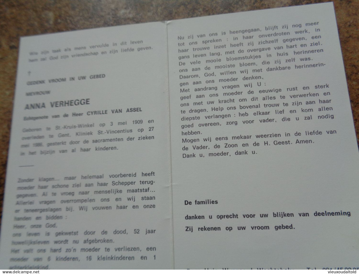 Doodsprentje/Bidprentje  ANNA VERHEGGE   St Kruis Winkel 1909-1986 Gent  (Echtg Cyrille VAN ASSEL) - Religion & Esotérisme