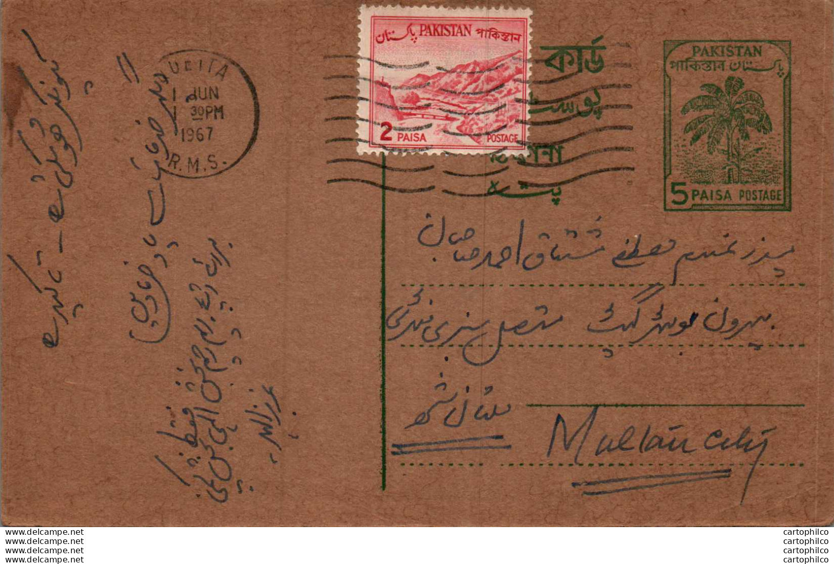 Pakistan Postal Stationery 5p Tree To Multan Ubita RMS - Pakistan