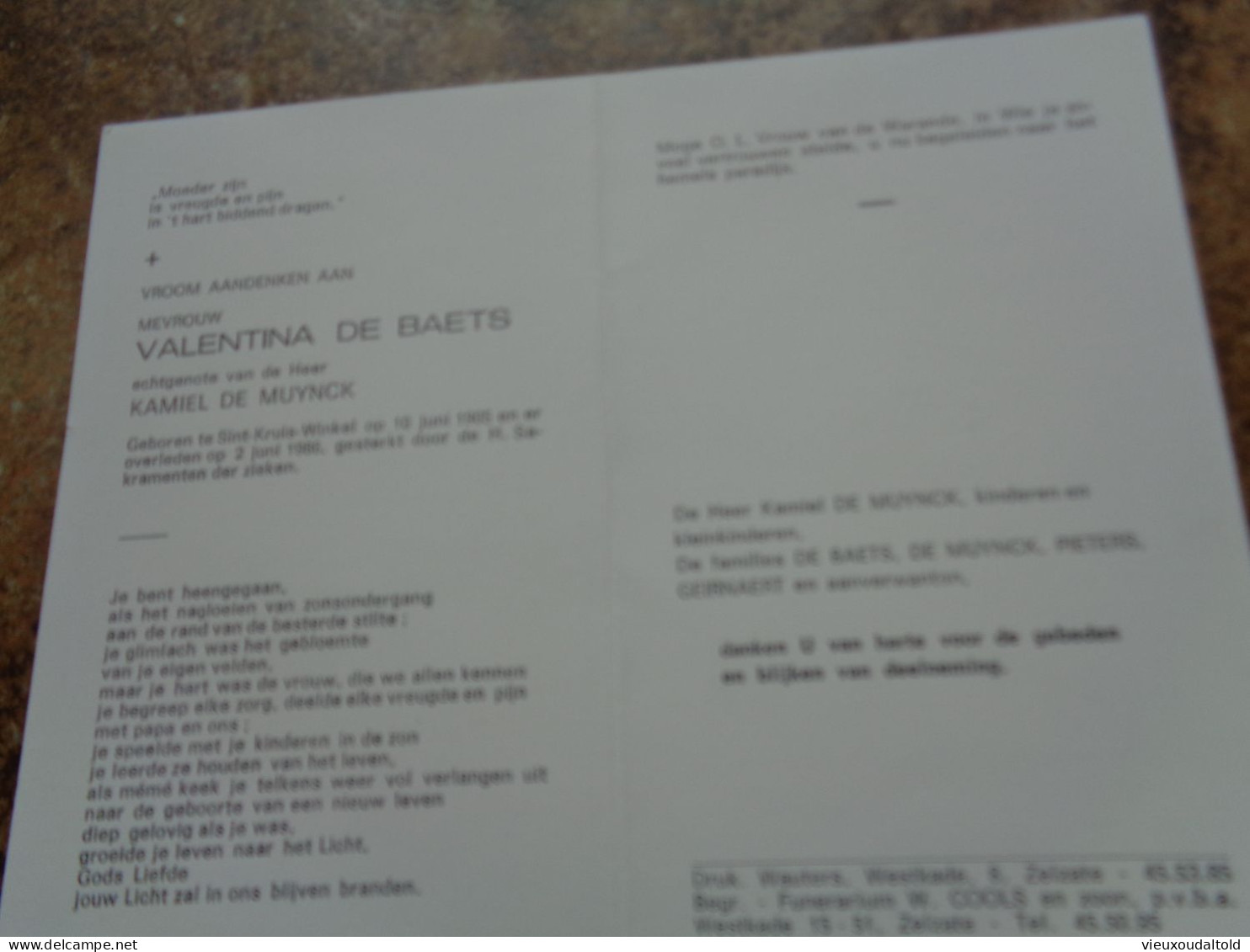 Doodsprentje/Bidprentje  VALENTINA DE BAETS   St Kruis Winkel 1905-1986  (Echtg Kamiel DE MUYNCK) - Godsdienst & Esoterisme