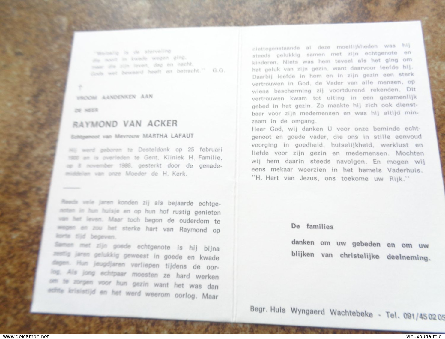 Doodsprentje/Bidprentje  RAYMOND VAN ACKER   Desteldonk 1900-1986 Gent  (Echtg Martha LAFAUT) - Religion &  Esoterik